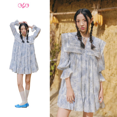 Đầm OLV babydoll hoa xanh cổ bèo Blue Fleur Cotton Collared Ruffled Dress
