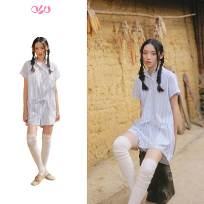 Jumpsuit OLV sọc xanh rút dây Light Blue Linen Striped Drawstring phù hợp đi chơi đi biển