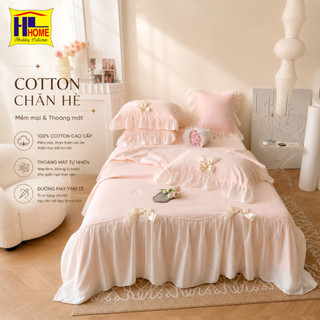 Bộ chăn ga cotton đũi bèo ren nhúm set chăn hè chần bông, ga kèm 2 vỏ gối đầu mỏng nhẹ thoáng mát