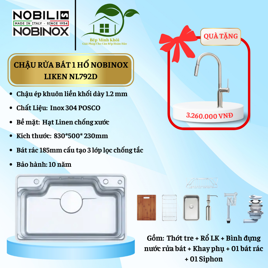 CHẬU RỬA BÁT 1 HỐ NOBINOX LIKEN NL792D, Linen chống xước kích thước 830 x 500 mm