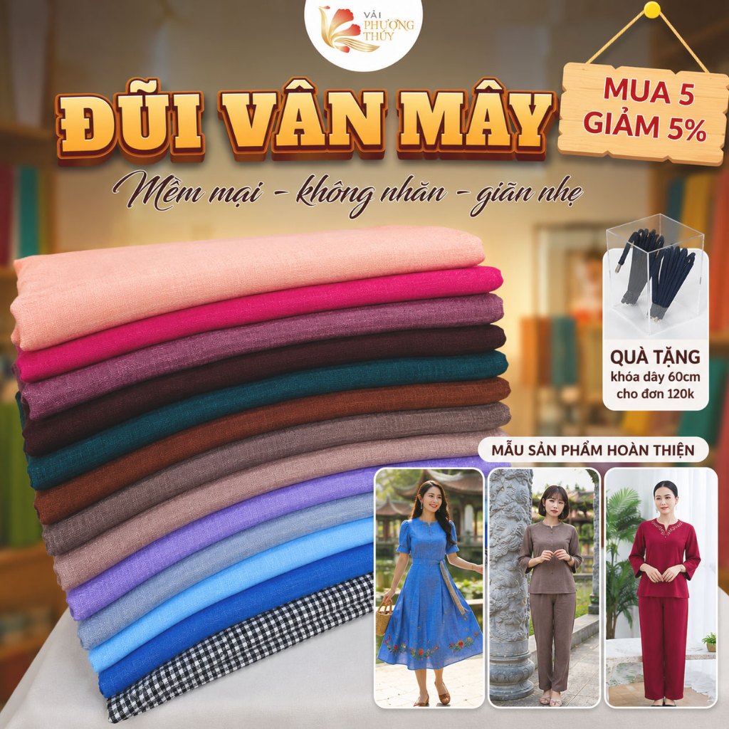 Vải đũi vân mây Phượng Thúy co giãn mềm mịn may thời trang nam nữ, pháp phục, áo kiểu đồ bộ khổ 1m50