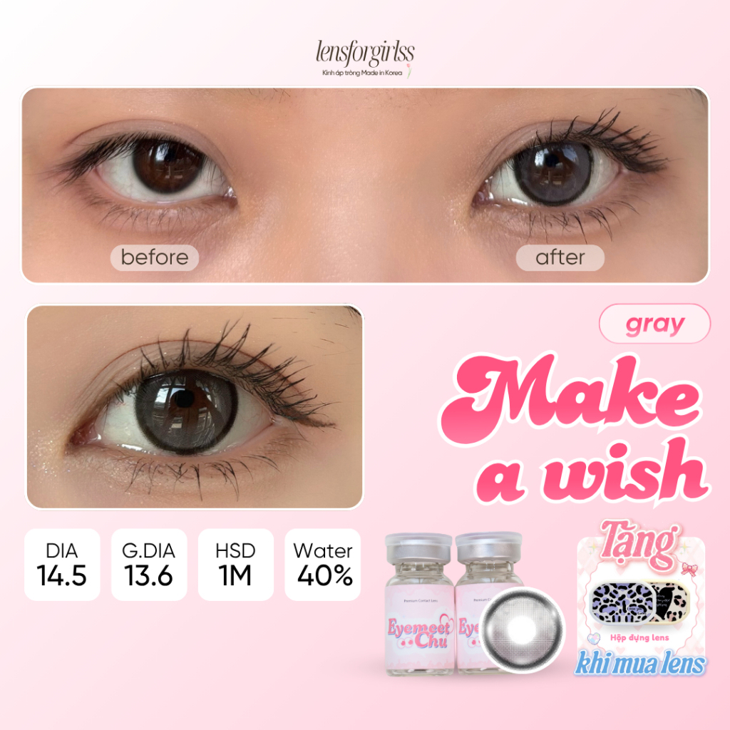 Kính áp tròng | LENS GIÃN TRÒNG xám có viền MAKE A WISH GRAY chính hãng EYEMEETCHU KOREA | DIA 14.5 | LENSFORGIRLSS