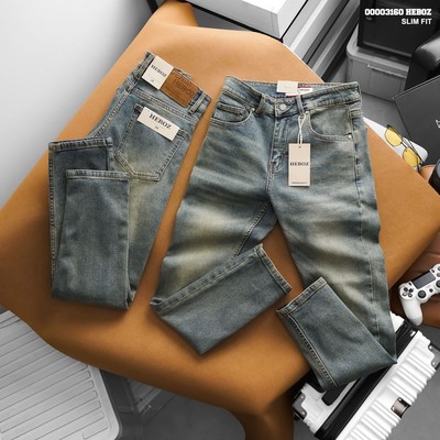Quần jean nam HEBOZ dáng slim trơn D02, quần dài denim wash co giãn - 00003160