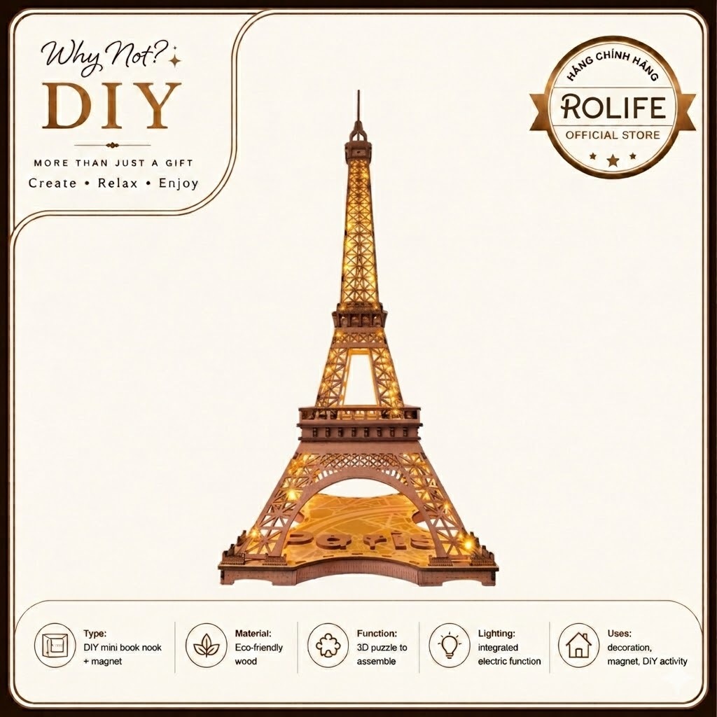 Night of the Eiffel Tower - Rolife (TGL01) - Mô Hình Lắp Ráp DIY Gỗ 3D - Tháp Eiffel Decor&Quà tặng