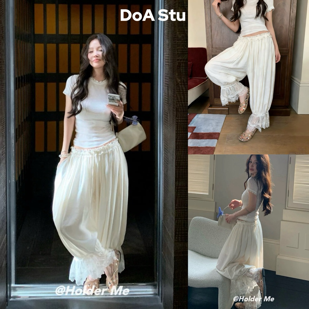 [DEAL MỞ BÁN] Set Bộ Quần Đũi Q16 Ống Rộng Mặc Mát DoA Stu Phối Áo Baby Tee AH13 Viền Ren Dáng Ôm