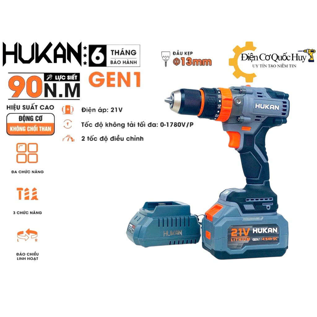 Thân Máy Khoan pin Hukan G1-F88 Lực siết 90N.m có khoá trục đầu kẹp autolock sử dụng chân pin phổ th