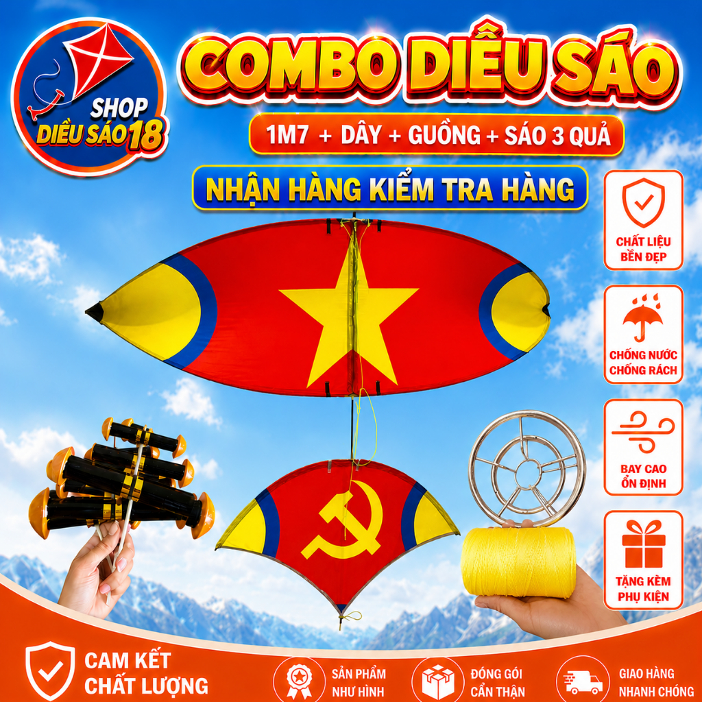 ComBo Diều Sáo 1M7. Gồm Diều 1m7+350M Dây+Guồng+Sáo 3 Quả.Hàng Làm Kỹ
