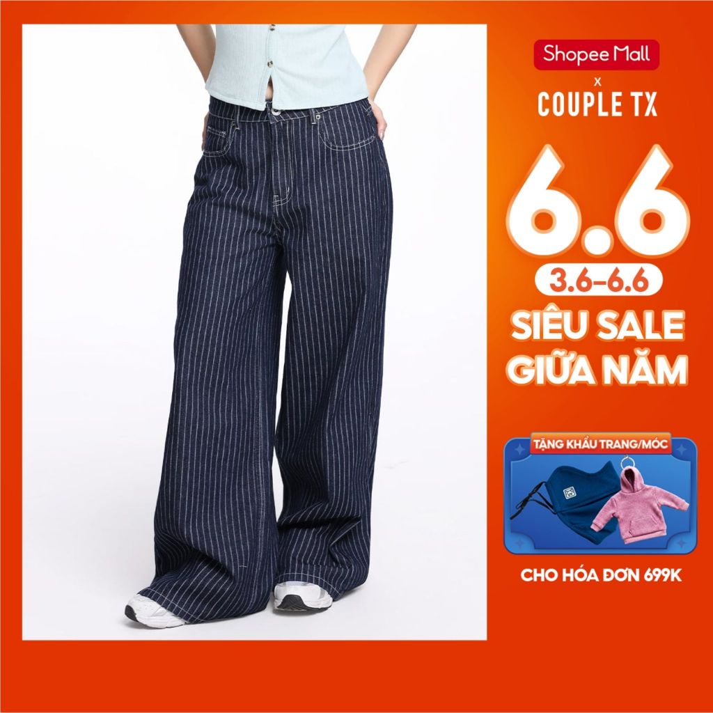 Quần Jean Nữ Sọc Ống Rộng Couple TX Stripe Wide Leg Denim WJE 2032