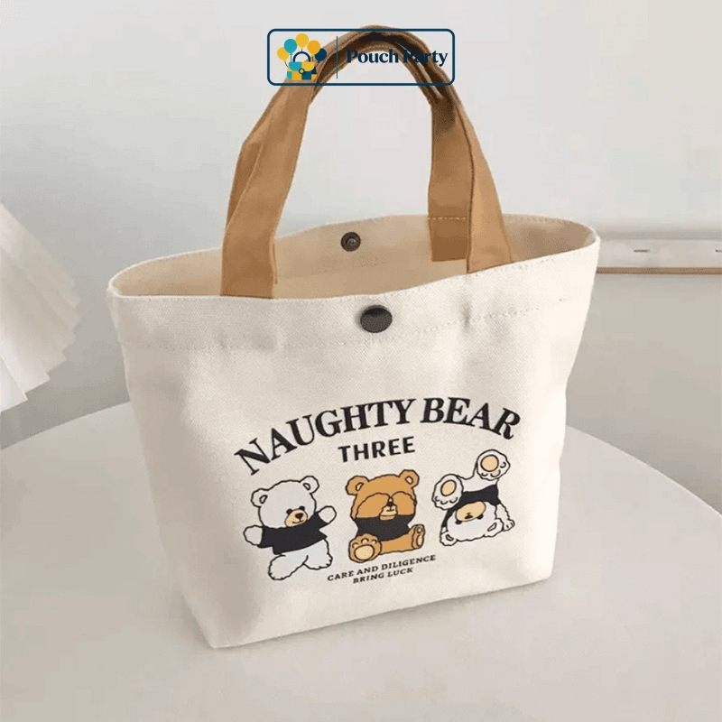 Túi Canvas In Hình Gấu Con NAUGHTY BEAR| Cầm Tay Đựng Hộp Cơm Tiện Lợi Cho Nữ SV NVVP, Trắng Ngà Nhỏ