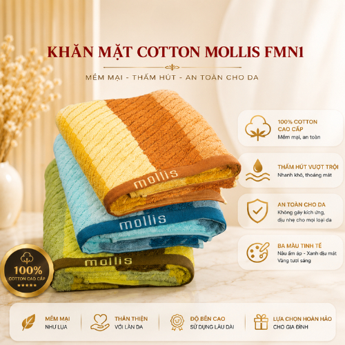 Khăn Mặt cotton Cao Cấp Mollis  FMN1  Mền Mịn Thấm Hút