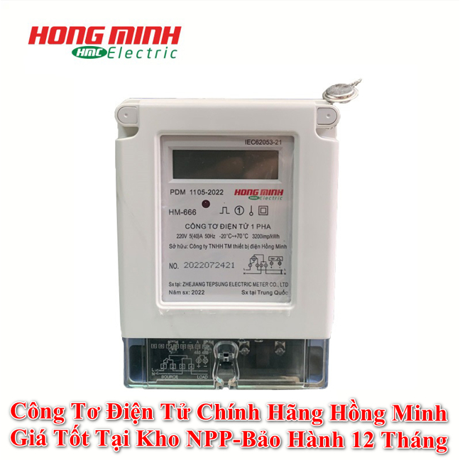 Đồng Hồ Điện - Công Tơ Đo Số Điện Loại Điện Tử HM666 Hồng Minh, 1 Pha 220V 5(40A) (Giá Tốt Cho Công 