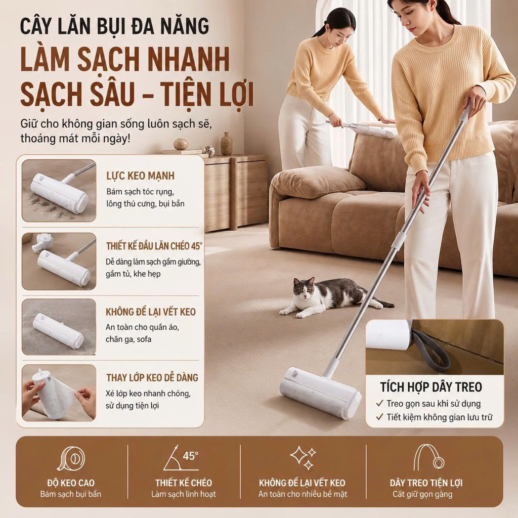 Cây lăn bụi cán dài, Cây lăn bụi lõi lăn 24cm, Chổi lăn bụi