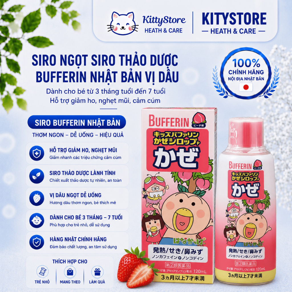 (có ship hỏa tốc) Siro Ngọt Siro Thảo Dược Bufferin Nhật Bản Vị Dâu Cho Bé Từ 3 Tháng Tuổi đến 7 Tuổ