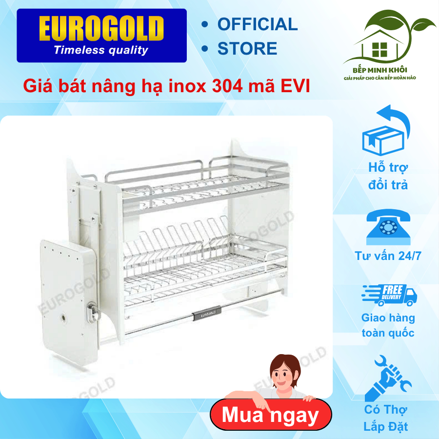 Giá bát nâng hạ nan dẹt Chính hãng EUROGOLD inox 304 mã EVI, kèm rỏ đũa cao cấp, màu Trắng