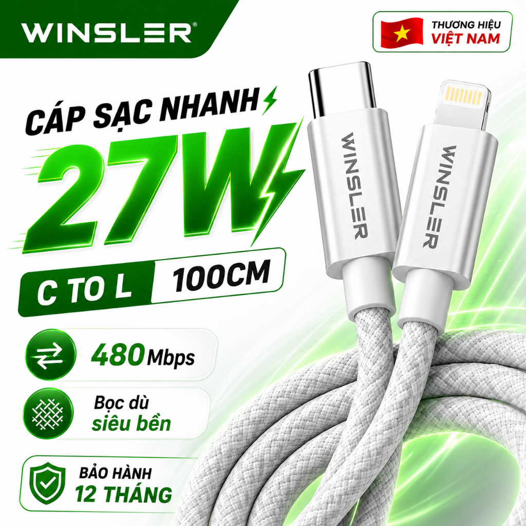 Dây cáp sạc nhanh PD Winsler 27W 100cm C to L, dây cáp bọc dù chắc chắn 480 Mbps