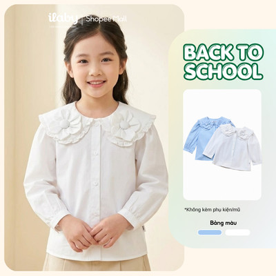 Áo sơ mi bé gái ILABY áo sơ mi đi học cổ sen phối hoa nổi chất liệu cotton thô size từ 9-40kg [3422]