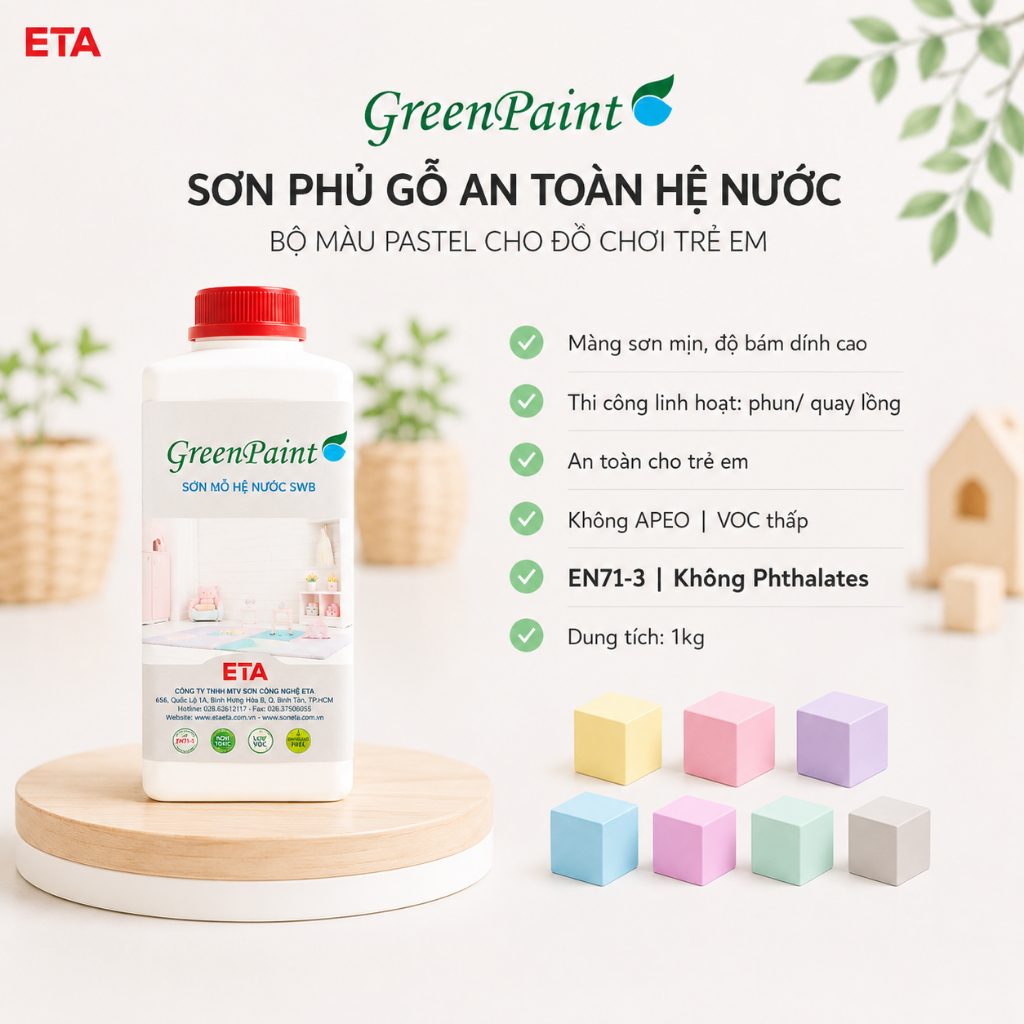 Sơn đồ chơi gỗ ETA hệ nước – Bộ màu Pastel – An toàn EN71-3 – Bán Bóng - 1kg