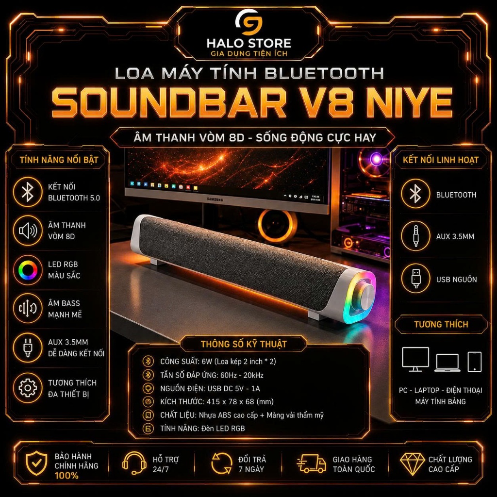 Loa Máy Tính Bluetooth NIYE V8 Soundbar RGB – Âm Thanh Vòm 8D, Bass Mạnh, Loa Gaming Cực Hay