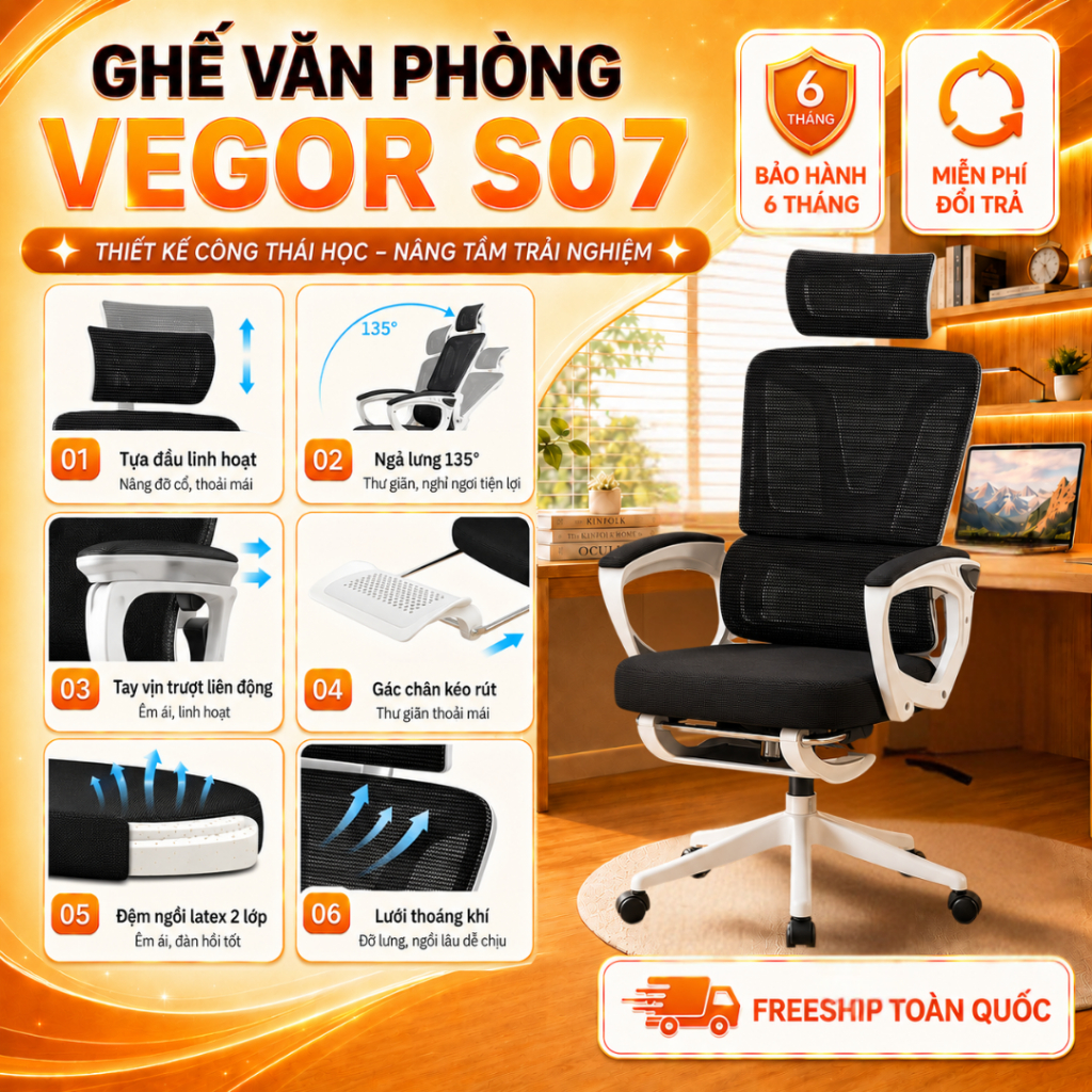 Ghế văn phòng lưng kép có gối tựa tay có thể điều chỉnh độ cao chống gù lưng công thái học Thương hiệu VEGOR LIFE- S07 | BigBuy360 - bigbuy360.vn