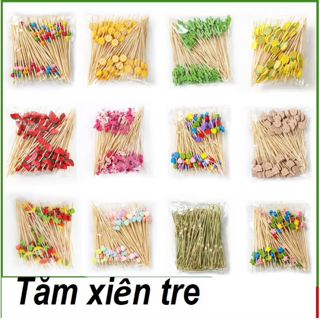 Túi 100 Tăm Xiên Que Tre Hình Trái Tim Trang Trí Cocktail Xiên Hoa Quả DECOR Dài 12CM Màu Ngẫu Nhiên