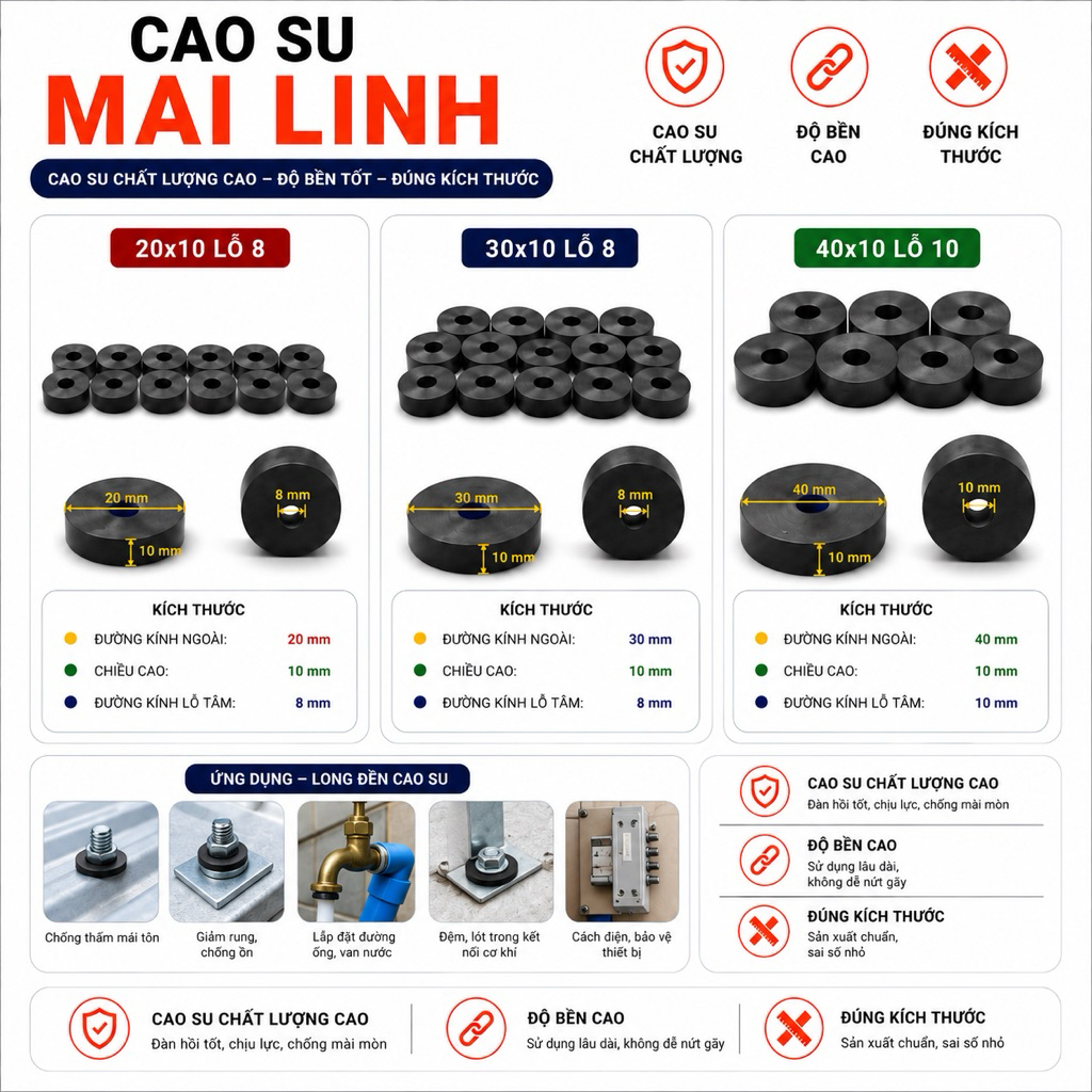 Combo 10 long đền cao su phi 20 ; 30 ; 40 dày 10