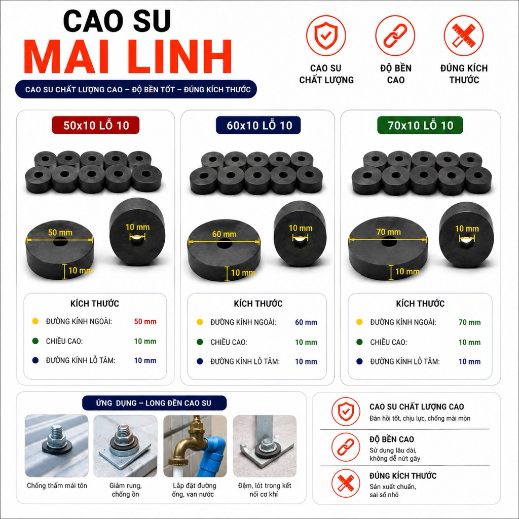 10 long đền cao su phi 50; 60; 70 dày 10 (7cmx1cm)