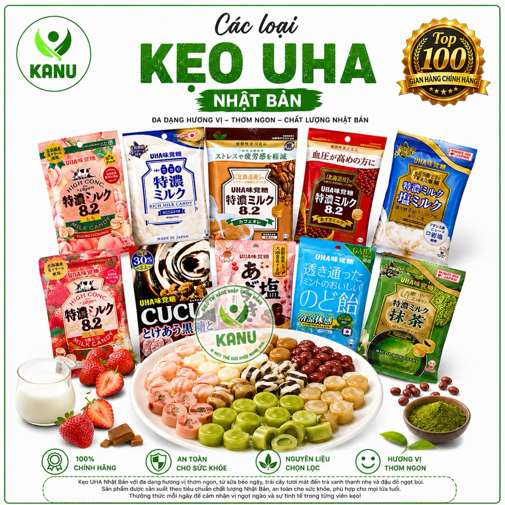 [10 vị] Kẹo UHA Nhật Bản (trà xanh - sữa bò - đậu đỏ - sữa muối - cafe)