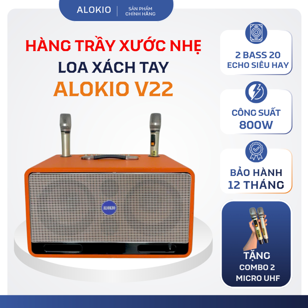 [TRẦY NHẸ GIÁ TỐT] Loa Xách Tay Alokio V22 Chính Hãng - 2 Bass 20 - Thùng Gỗ Bọc Da - 2 Micro UHF