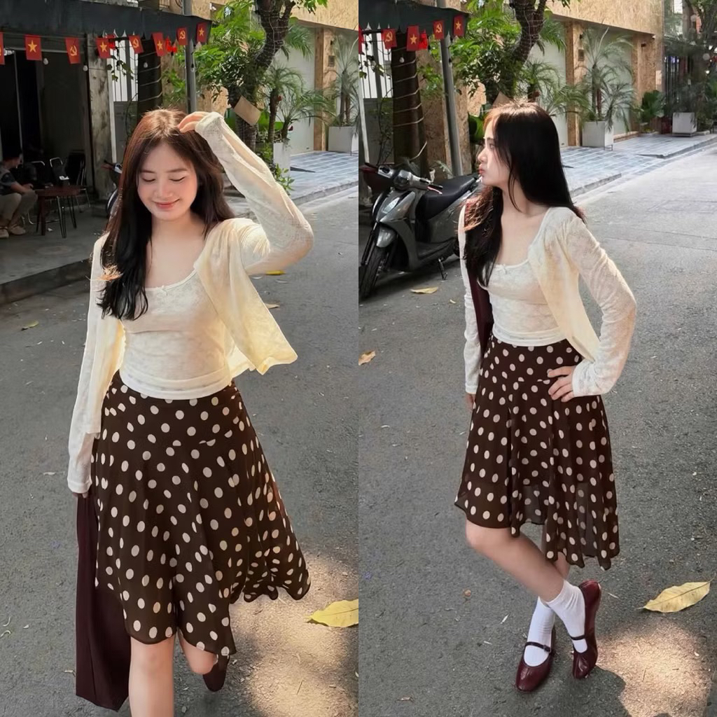[JYNNA SET sẵn ship] Set áo 2 dây ren đính nơ kèm khoác mix chân váy chấm bi nâu lệch tà cách điệu | BigBuy360 - bigbuy360.vn