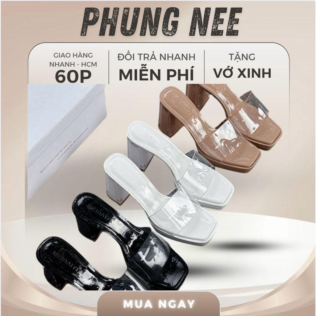Dép Cao Gót Quai Trong Suốt 9cm Đế Vuông – Dép Nữ Mũi Vuông Gót Trụ Sang Trọng Đi Tiệc Dễ Phối Đồ