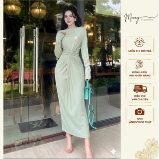 Đầm Dài Tay Cổ Thuyền Xoắn Bụng Đính Đá. Đầm Body Maxi Lệch Vai Dự Tiệc Chất Liệu Len Tăm Sz 40-65Kg