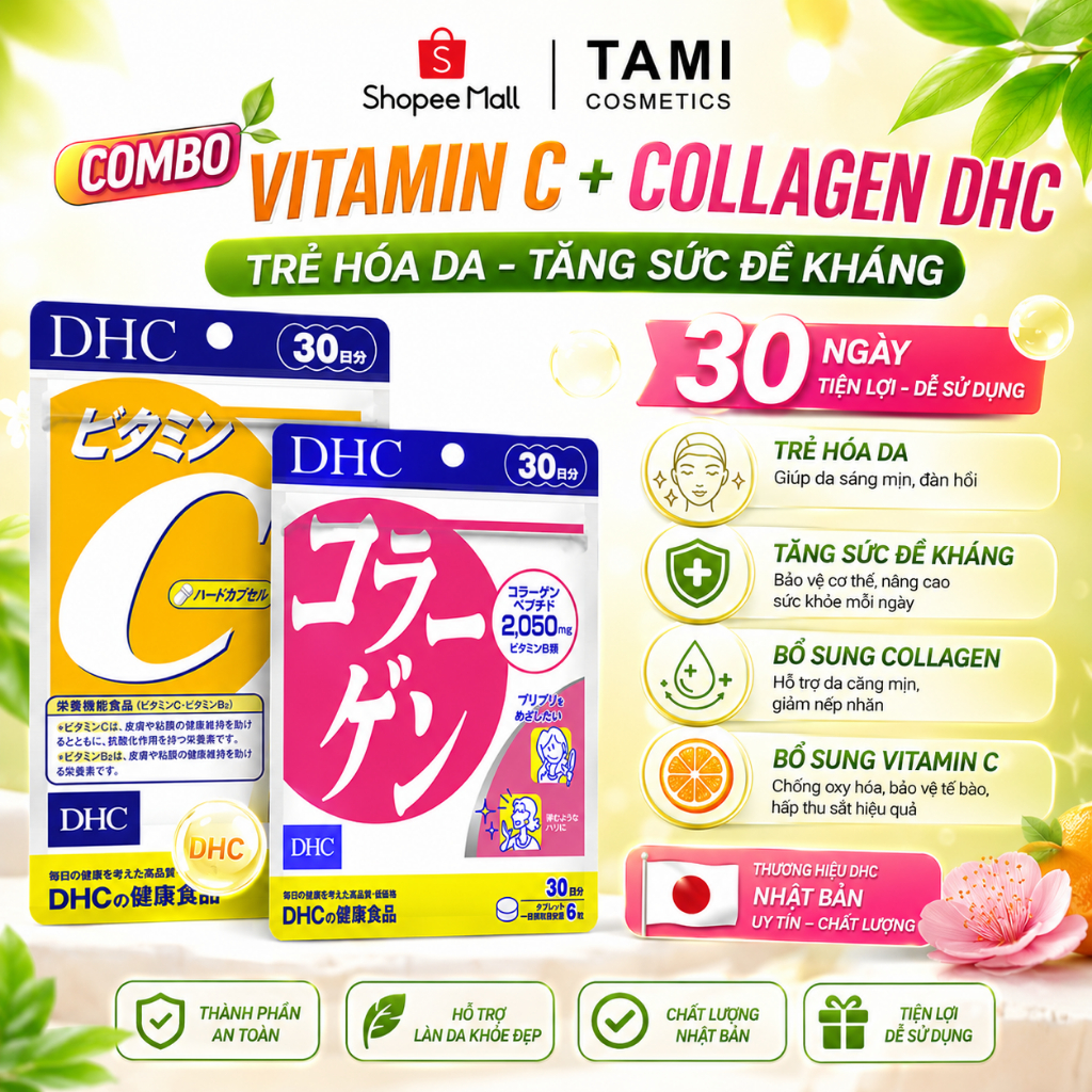 Combo trẻ hóa và sáng da (viên collagen DHC + viên vitamin C DHC) DHC Nhật Bản 30 ngày