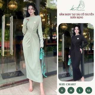 Đầm Dài Tay Cổ Thuyền Xoắn Bụng Kèm Tag Đá Váy Maxi Lệch Vai Ôm Body Chất Liệu Len Tăm Size 40-65Kg