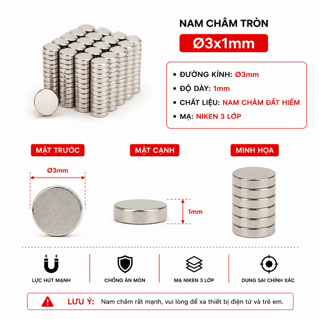 10 VIÊN Nam châm 3x1mm các kích thước đường kính 3mm: 3x1,5. 3x2. 3x3. 3x4. 3x5. 3x10mm. nam châm đấ