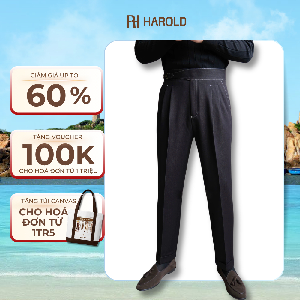 Quần Âu Nam Cạp Cao Ống Suông Cao Cấp Harold Denim Gurkha Vải Co Giãn Đứng Form Tôn Dáng