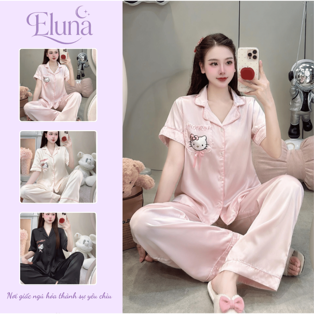 [DEAL MỞ BÁN] Bộ Đồ Ngủ Nữ Eluna Pijama Lụa Latin Cao Cấp Hoạ Tiết Mèo Hello Kitty, LT36 Dễ Thương