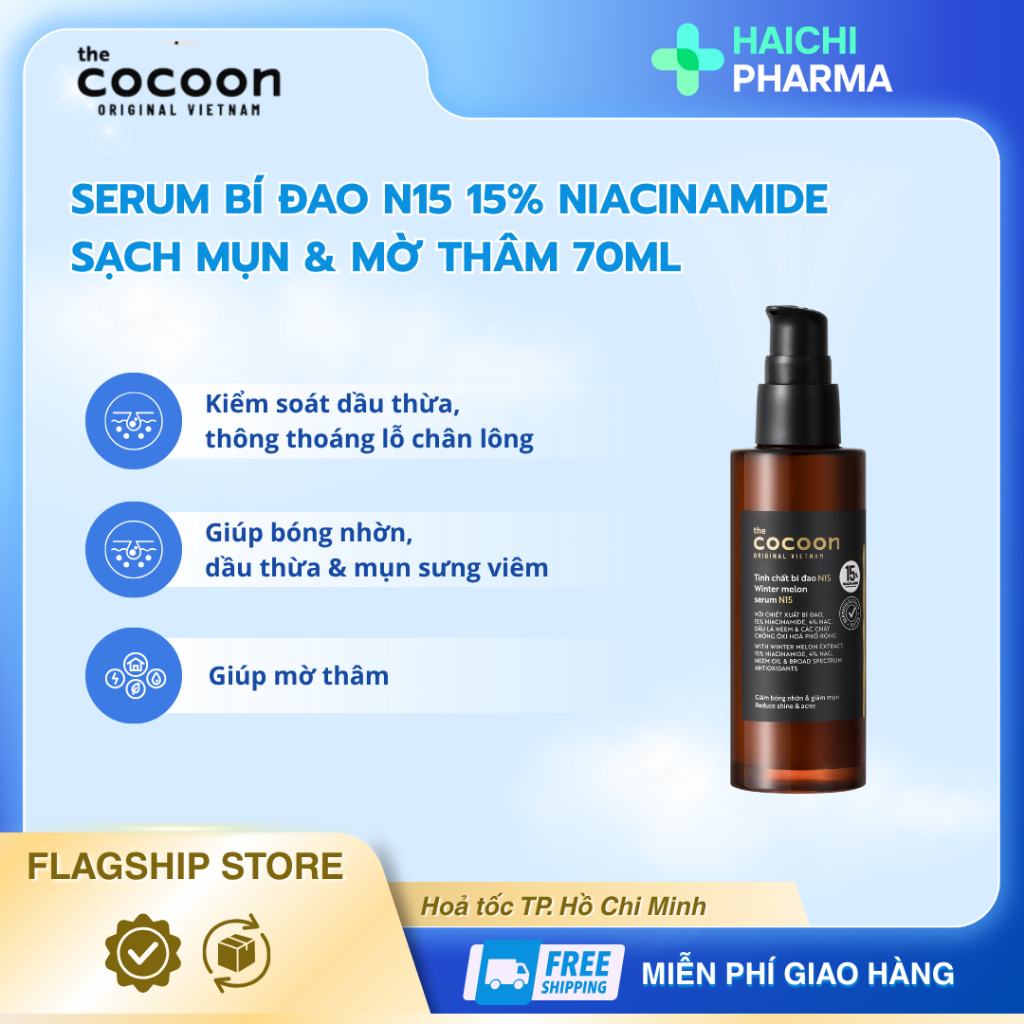 Tinh chất bí đao N15 (serum) với 15% niacinamide giảm bóng nhờn và giảm mụn Cocoon 70ml