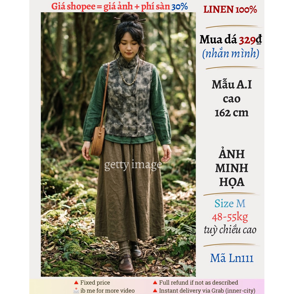 3️⃣2️⃣9️⃣ [Used Nhật] Khoác gile linen 100, ôm eo, y2k, mori, màu loang, size M (48-55kg), mã Ln111