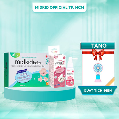 Combo 1 hộp xịt chống sâu răng Midkid A+, 1 hộp gạc rơ lưỡi Midkidbaby 50 gói giúp làm sạch, ngăn ngừa năm ngừa nấm lưỡi