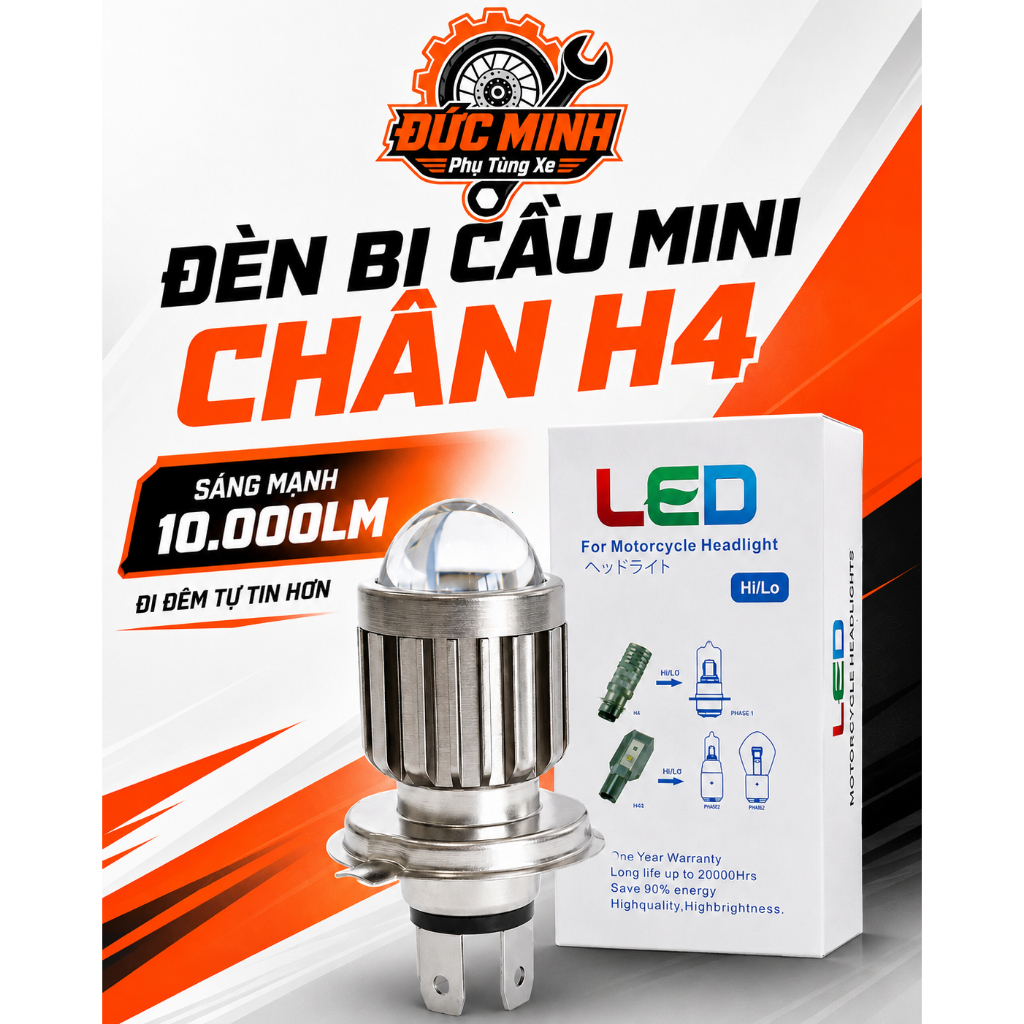 Đèn LED bi cầu mini H4 12V, chân H4 dễ lắp cho xe máy, ánh sáng trắng vàng, phù hợp nhiều dòng xe