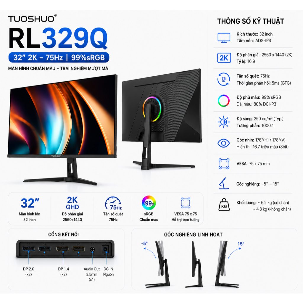 MÀN HÌNH TUOSHUO RL329Q 32 INCH 2K 75HZ ADS-IPS 99% SRGB CHÍNH HÃNG FULL VAT | BigBuy360 - bigbuy360.vn