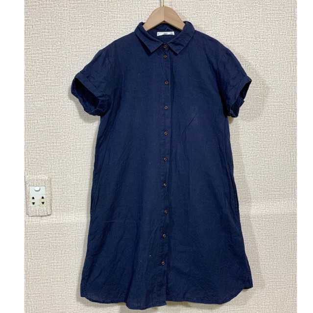 1️⃣7️⃣9️⃣ [Used] Đầm linen cotton, đầm sơ mi, hiệu M.A N G O, 2 túi, vạt bầu, màu xanh xám, size M/L