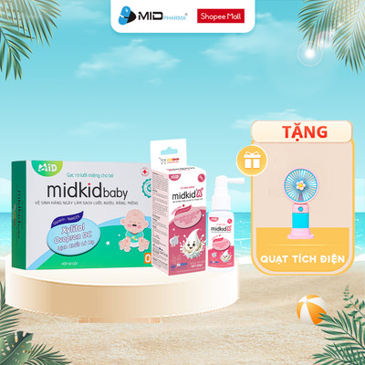 Combo 1 hộp xịt chống sâu răng Midkid A+, 1 hộp gạc rơ lưỡi Midkidbaby 50 gói giúp làm sạch, ngăn ngừa năm ngừa nấm lưỡi