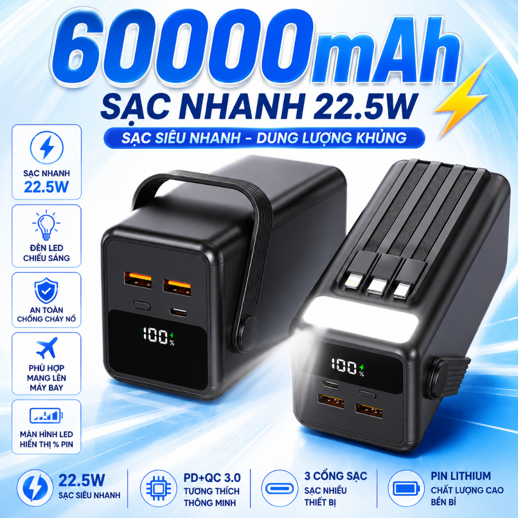 Sạc Dự Phòng Dung Lượng 60000mAh Tích Hợp Sạc Nhanh Cho Nhiều Thiết Bị Điện Thoại