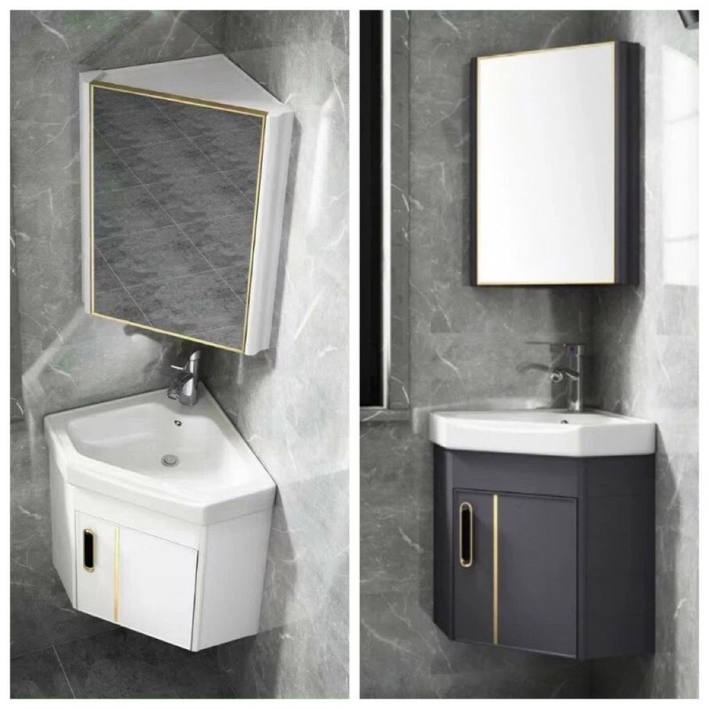Tủ lavabo nhôm góc,Tủ chậu rửa mặt mini nhôm,tủ chậu lavabo gương mini thích hợp wc nhỏ hẹp [ Tặng X