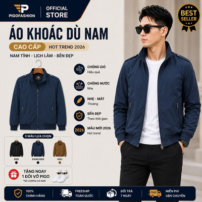 Áo Khoác Dù Nam Pigofashion 2 Lớp dày mịn, cổ đứng Cản Gió Thiết Kế Basic Cao Cấp AKD25