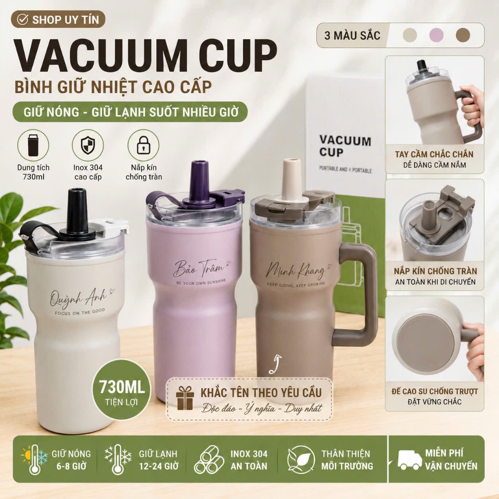 Ly Giữ Nhiệt Quai Cầm Vacuum 730ml có ống hút