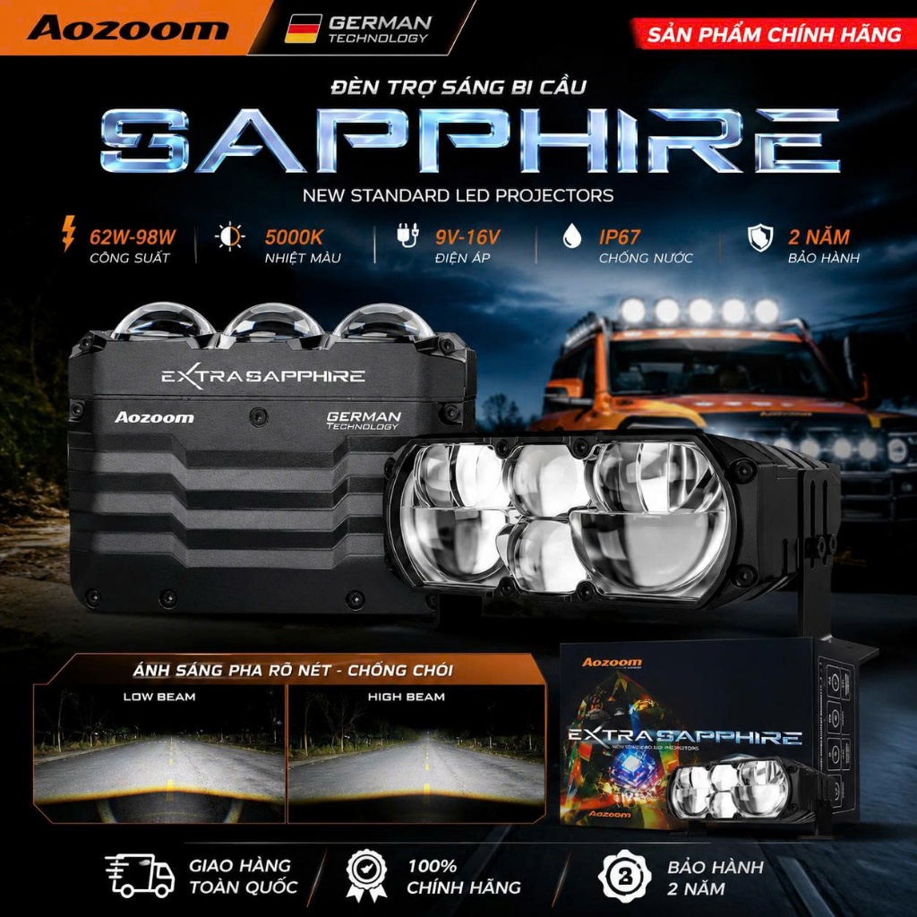 Đèn Trợ Sáng Bi Cầu Aozoom SAPPHIRE 98W Chính Hãng Aozoom  Lắp Xe Máy Ô Tô Chống Nước BH 2 Năm