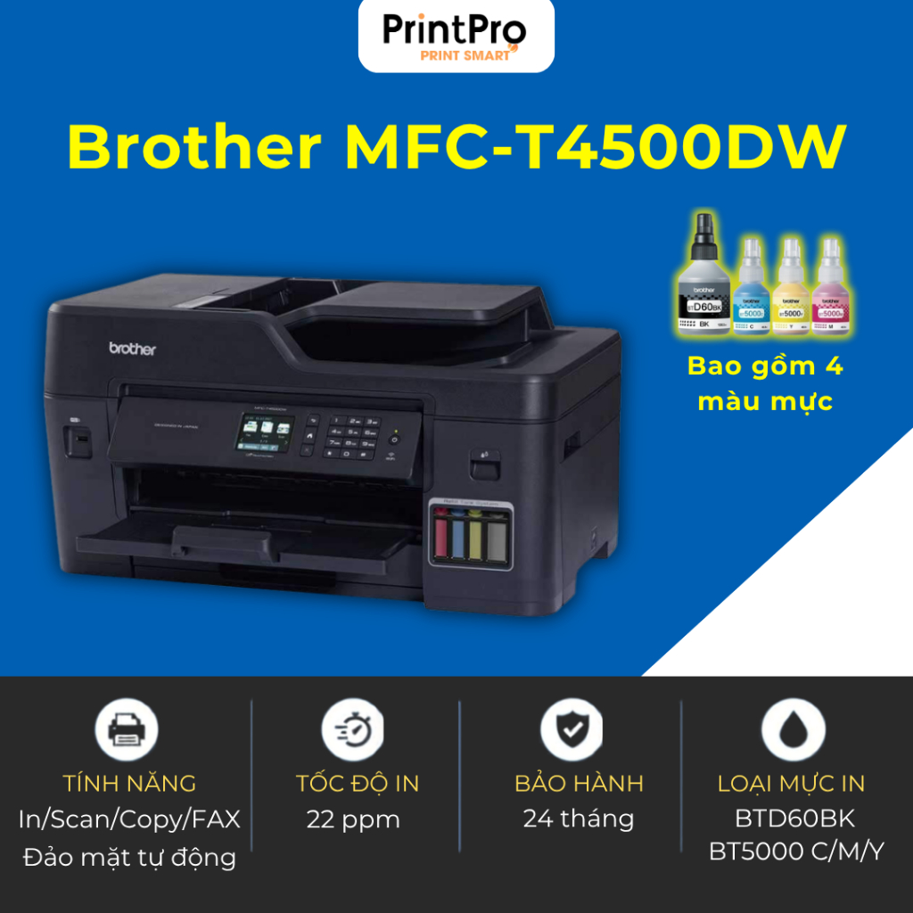 Máy in phun màu A3 đa năng Brother MFC-T4500DW (A3/A4/In/Scan/Copy/FAX) - In đảo mặt - Kết nối Wifi