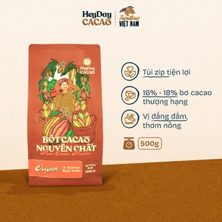 Bột cacao nguyên chất không đường Heyday - Dòng Origin thượng hạng 16%-18% bơ cacao tự nhiên - Túi zip 500g
